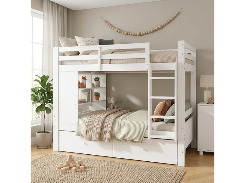  Lit superposé enfant 90 x 200 cm avec 2 tiroirs, étagère ouverte et échelle, gain de place pour 2 enfants, bois, blanc OMNIGLINT TRADING LTD - Conforama B