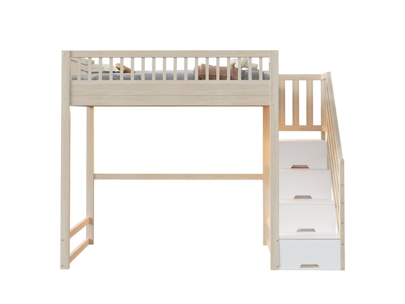 Lit mezzanine 140 x 200 cm - avec échelle de sécurité - avec barrières de sécurité - équipé de lumières led - naturel (matelas non inclus)  - Conforama A