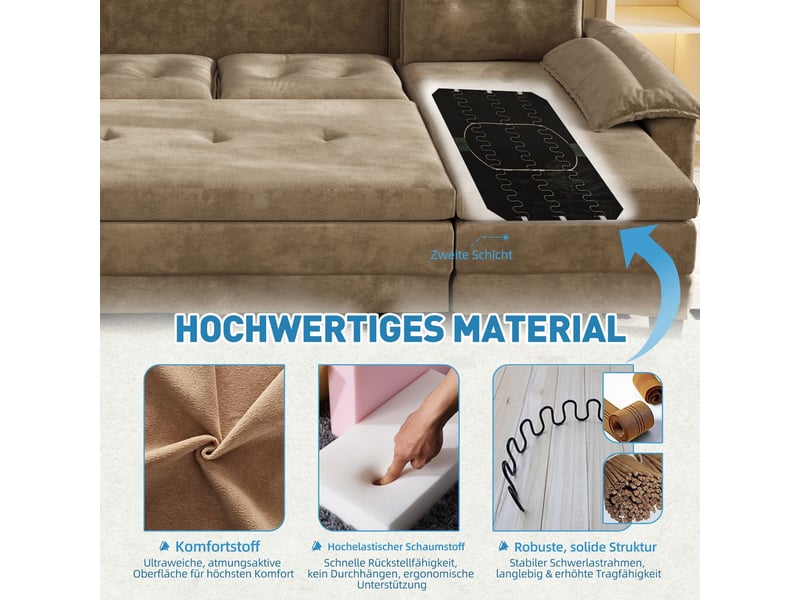  Canapé-lit lit escamotable couchage d'appoint forme en u design modulaire accoudoirs amovibles recharge usb teinte kaki style moderne  - Conforama E
