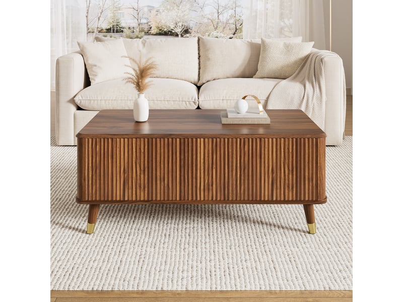  Table basse relevable effet noyer, table de salon moderne rétro avec rangement caché et pieds en bois massif, 97x52x56.5cm.  - Conforama W