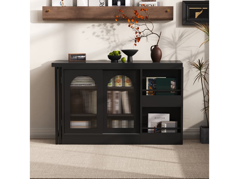 Îlot de cuisine table de bar pivotante 360° extensible avec rangement buffet porte en verre noir - Conforama D