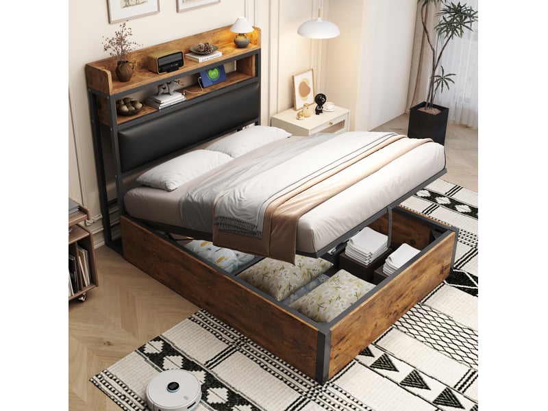  Lit coffre 90x200cm moderne rangement sous-lit tête rembourrée ports usb design rétro bois et métal noir sans matelas  - Conforama D