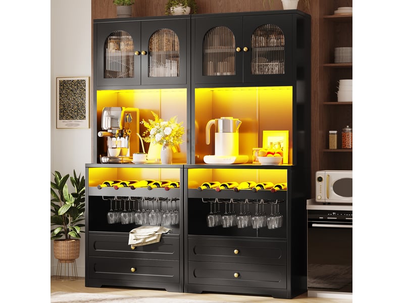  Buffet haut modenvie à portes vitrées cintrées 140 x 40 x 180 cm avec led, synchronisation musicale, range-bouteilles, usb, mdf métal, noir  - Conforama B
