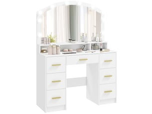 Coiffeuse blanche avec miroir lumineux led, 3 teintes, 7 tiroirs et 3 niches, 110 x 40 x 150 cm