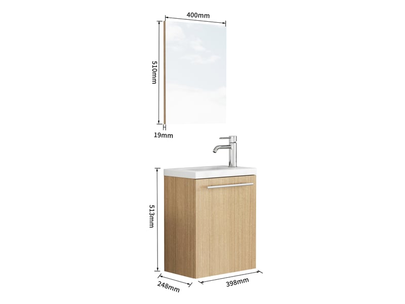  Meuble sous vasque mural en mdf bois clair avec lavabo en céramique et miroir, porte amortie, idéal pour salle de bains  - Conforama C