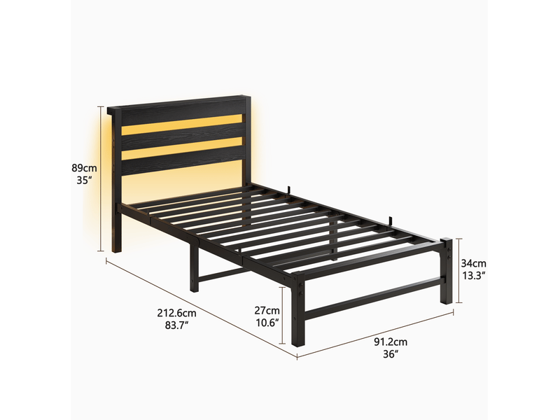  Lit simple 90x200 cm avec led rgb et station de charge usb, cadre en métal et en bois, couleur noir, sans matelas  - Conforama C