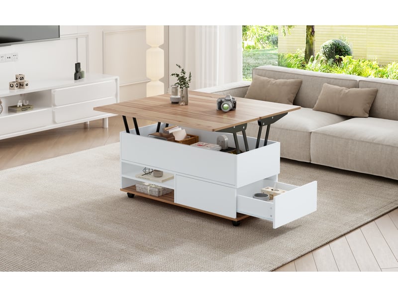  Table basse relevable 100x98x65 cm avec rangements (tiroir+placard) panneau particules, couleur bois et blanc  - Conforama B