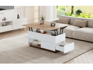 Table basse relevable 100x98x65 cm avec rangements (tiroir+placard) panneau particules, couleur bois et blanc