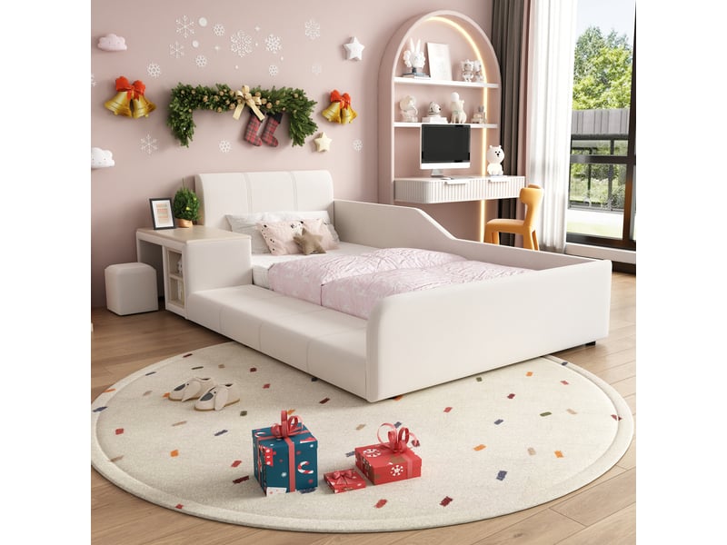 Lit enfant 90x200 cm - lit simple avec bureau et tabouret, rangement pratique, tête de lit douce, sans matelas, velours, blanc - Conforama E