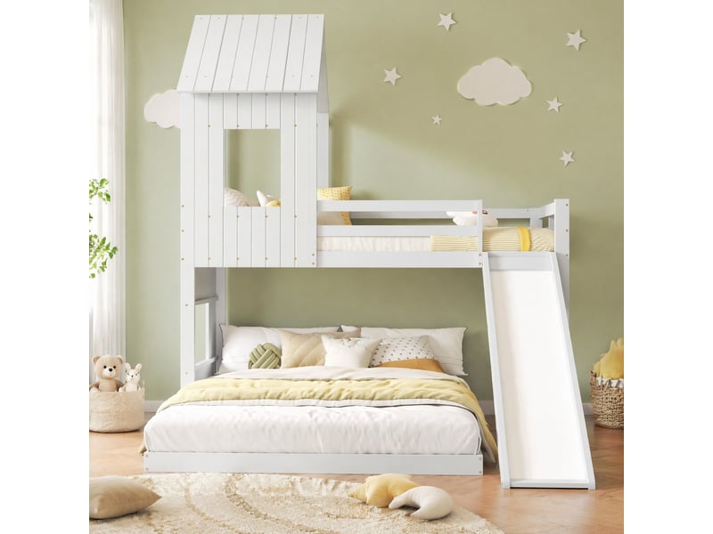  Lit superposé enfant cabane avec toboggan blanc 90x200 et 140x200 cm  - Conforama B