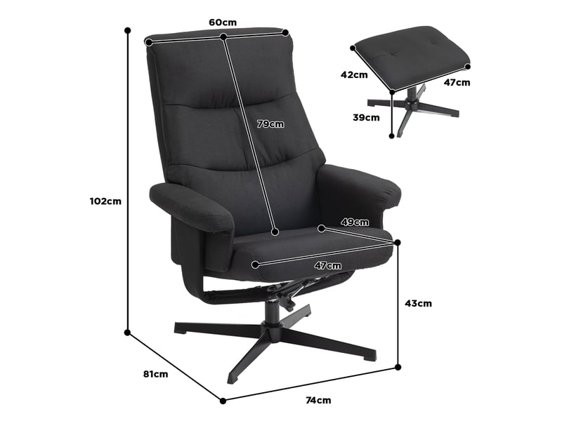 Fauteuil relax noir avec repose-pieds, pivotant 360° et inclinable jusqu'à 135° - Conforama C