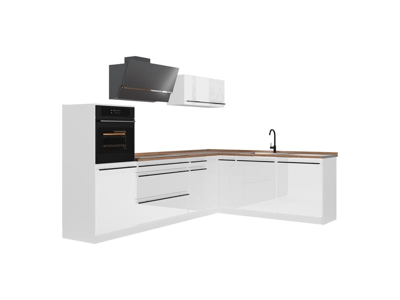  Vicco cuisine en angle, blanc haute brillanceblanc, 287 x cm plan de travail chêne doré  - Conforama A