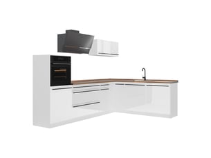 Vicco cuisine en angle, blanc haute brillanceblanc, 287 x cm plan de travail chêne doré