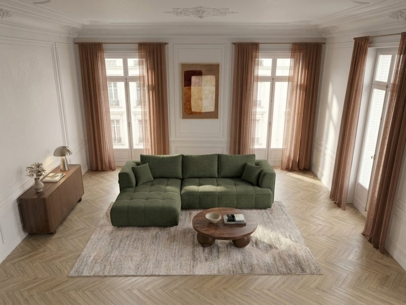 Bobochic canapé d'angle convertible avance-recule électrique clovis tissu lisse vert angle gauche CLOVIS - Conforama C