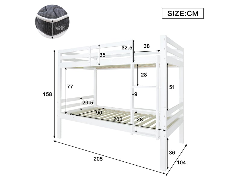  Lit superposé enfant 90 × 200 cm 2 places avec barrière et échelle, séparable, sans matelas, en pin, blanc  - Conforama D