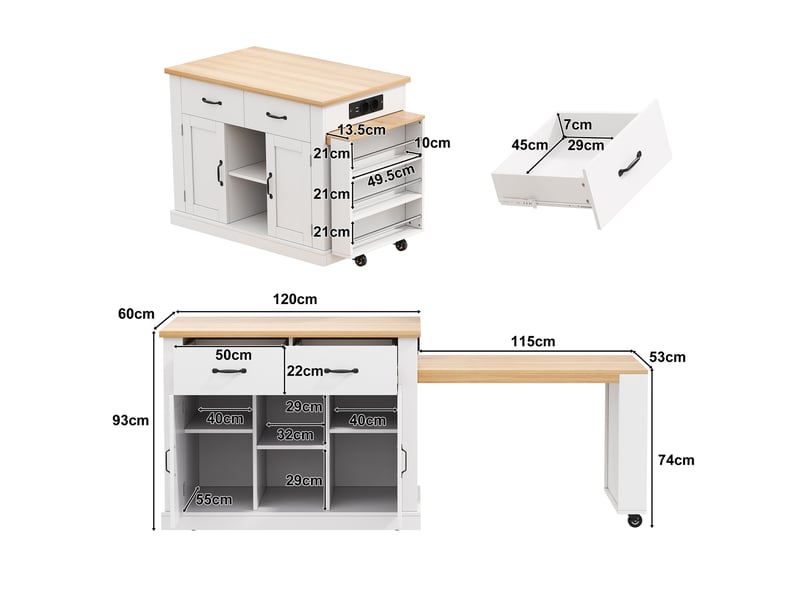 Îlot de cuisine avec table extensible, 2 portes, 2 tiroirs, prises et rangements, blanc et chêne, 132 × 60 × 93 cm - Conforama D