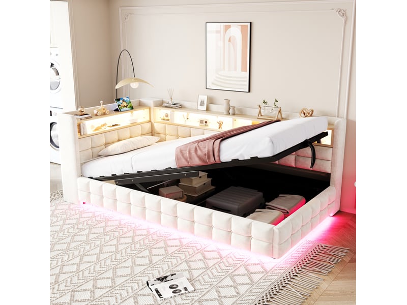  Lit coffre 90x200 cm, clayettes en bois équipées de led et prises, velours, beige, espace de stockage caché  - Conforama B