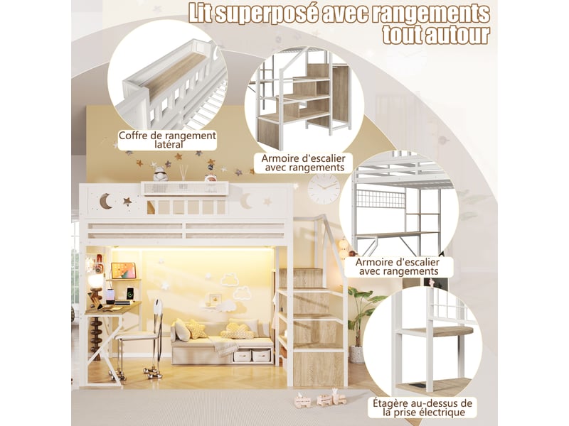 Lit mezzanine, 140 × 200 cm, blanc, mdf et métal, rangements, panneau perforé, bureau, garde-corps, échelle, escalier rangement - Conforama E