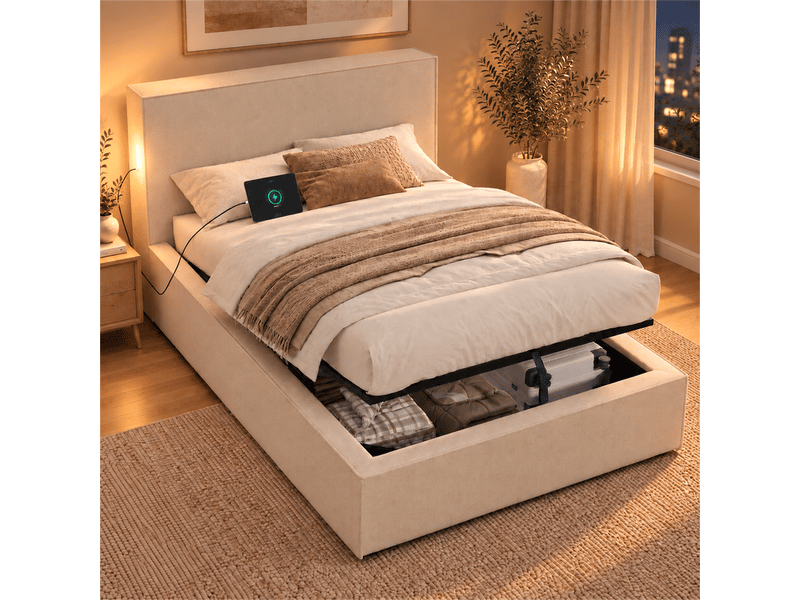  Lit coffre rembourré 90x200 cm -  avec tête de lit et sommier à lattes - rangement coffre -tissu chenille - beige (sans matelas)  - Conforama B