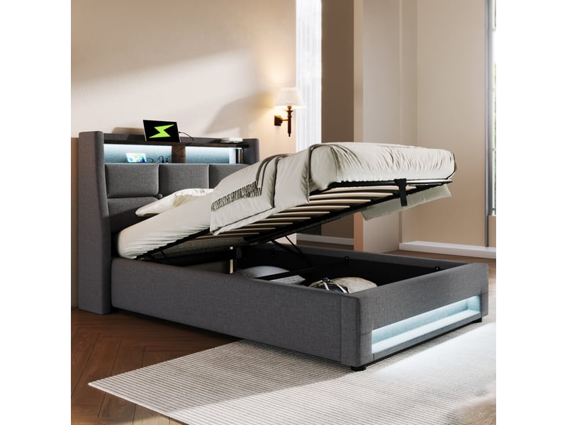  Lit simple capitonné 90x200cm pour adolescent, tête rembourrée, led, ports usb et rangement, gris, sans matelas  - Conforama D
