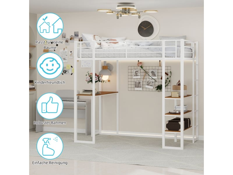  Lit mezzanine 90x190cm - avec bureau en l et étagères, échelles bilatérales - lit 1 place - place pour enfant et ado - blanc  - Conforama E