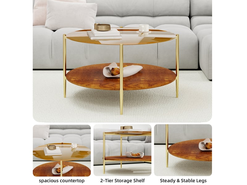  Table basse ronde dorée avec plateau en verre trempé et rangement ouvert en bois  - Conforama C