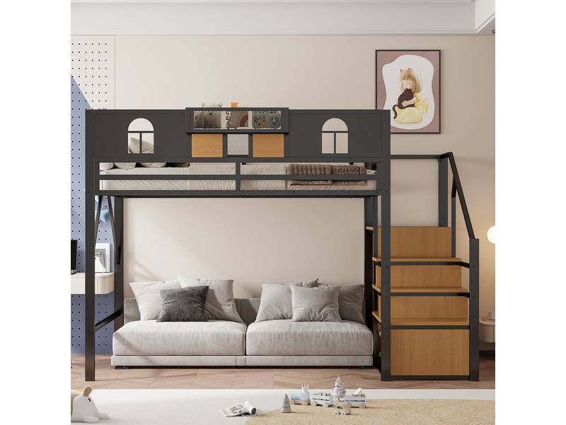  Lit mezzanine 140x200cm coloris noir métal lit enfant noir - Conforama B