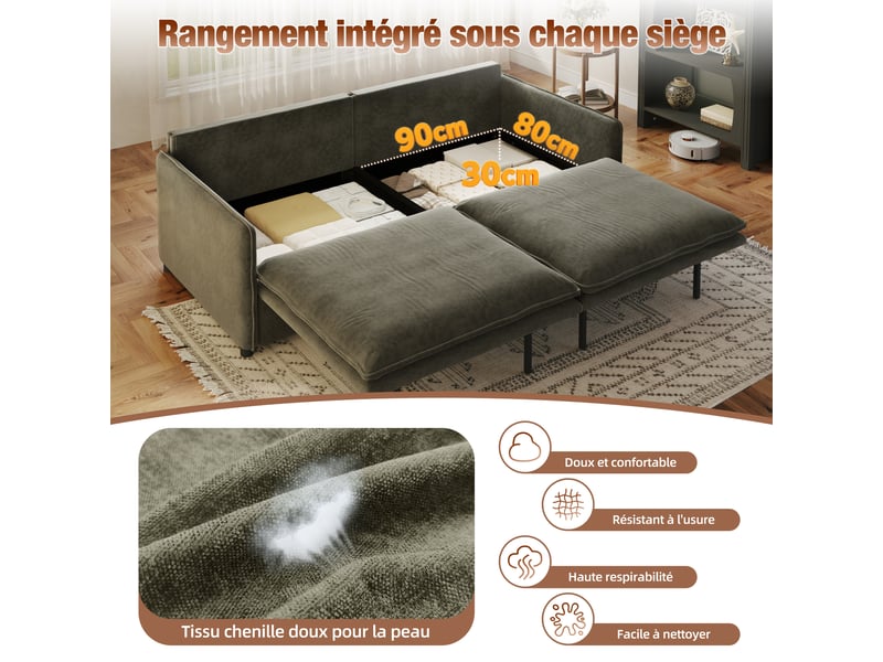  Canapé convertible 3 places gris foncé en chenille avec rangement, 206 cm Fay Lum - Conforama W