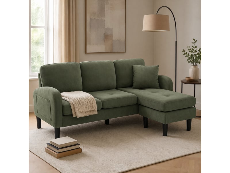  Canapé d'angle 3 places modulable vert en velours côtelé 166 x 118 x 77 cm  - Conforama B