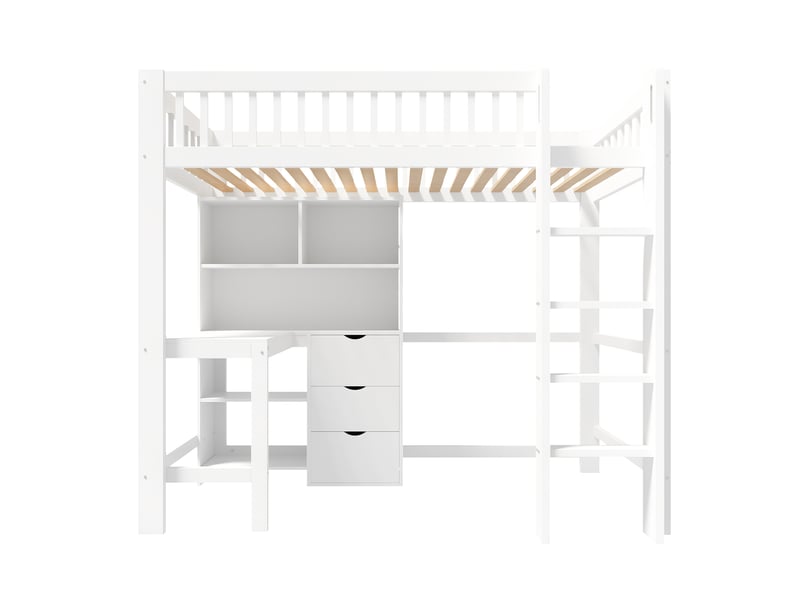 Lit mezzanine avec bureau, 3 tiroirs, rangements et échelle, blanc, 90x200 cm - Conforama A