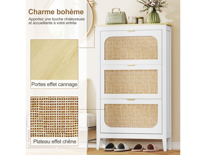  Meuble à chaussures 21 paires bohème avec 3 tiroirs rabattables, portes effet cannage rotin, 80 x 24 x 131 cm, blanc  - Conforama E