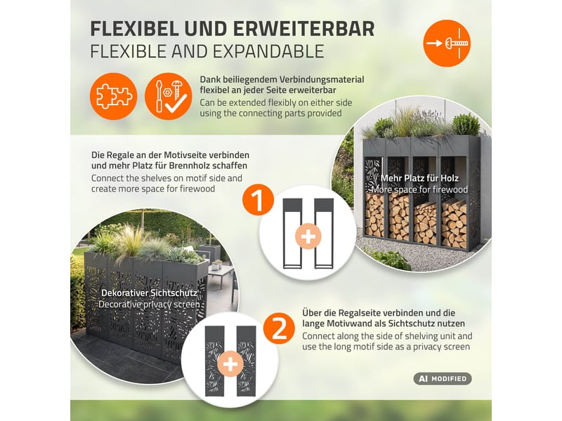  Ml-design range-bûches modulable avec jardinière en acier galvanisé, intérieur et extérieur, résistant aux intempéries, rangement bois de chauffage, motif de feuilles, anthracite, 30 x 30 x 111 cm ECD Germany GmbH - Conforama D