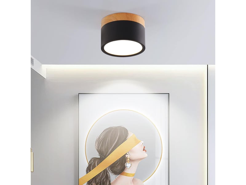  Plafonnier led rond en bois, spot en saillie décoratif, noir, blanc chaud 3000,12 w  - Conforama E