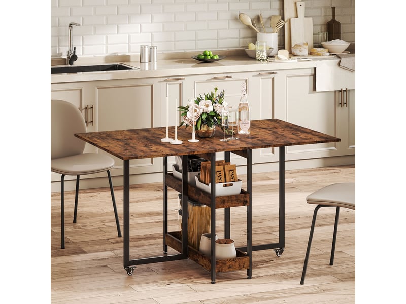  Table de salle à manger pliante de style industriel, pour 4 personnes maximum, étagères ouvertes, modulable, métal et panneaux de particules, marron  - Conforama D