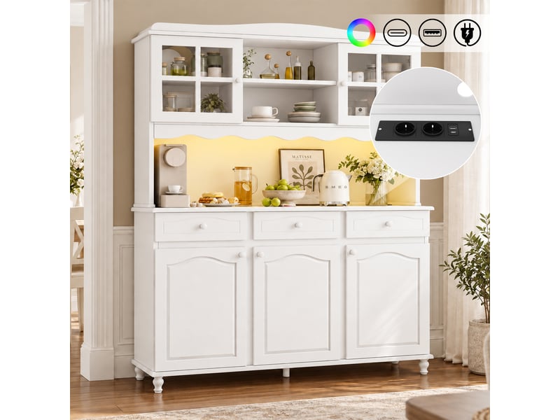  Buffet haut 135x40x185 cm avec led, prises usb-c et usb-a, buffet cuisine avec étagères réglables en panneau de particules - blanc  - Conforama D