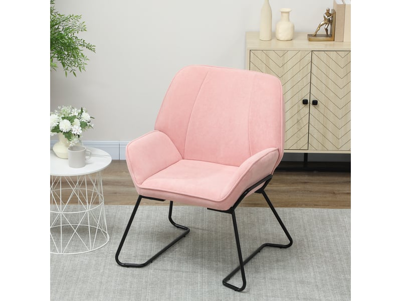  Fauteuil de salon avec large assise rembourrée en velours, pieds en métal, rose  - Conforama C