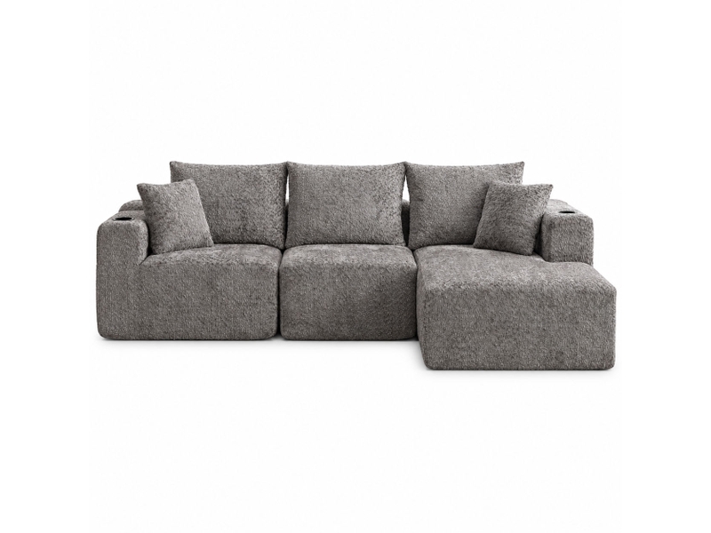 Canapé d'angle modulable 3 places, méridienne, mousse à mémoire de forme, porte-gobelet, sans montage, chenille gris foncé - Conforama A