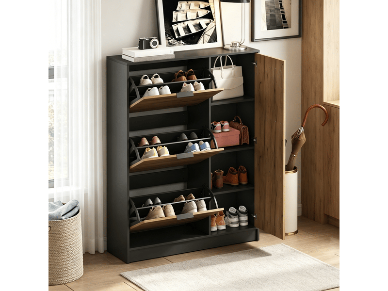  Meuble à chaussures naturel 100 × 30 × 130 cm, 3 abattants, 1 porte, format compact, jusqu’à 12 paires  - Conforama E