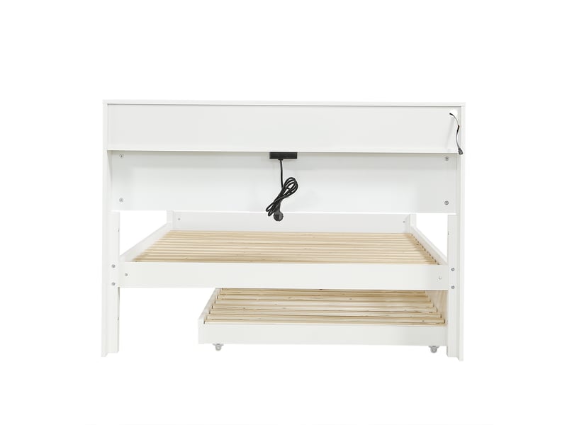 Lit enfant 120x200 cm avec lit gigogne 90x190 cm, bandeau led et prises intégrées, pin et mdf, blanc, sans matelas - Conforama D