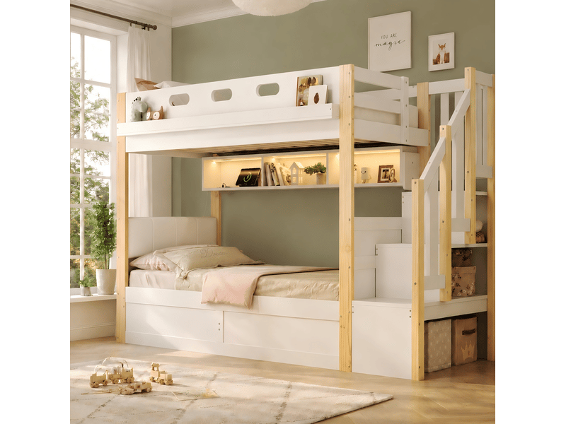  Lit superposé 90 × 200 cm et 90 × 200 cm 2 places avec coffre, escalier, led et usb, sans matelas, blanc  - Conforama B