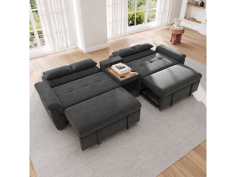  Canapé-lit 2 couchages 284x138x89 cm double couchage coulissant, dossier réglable, chenille gris foncé  - Conforama D