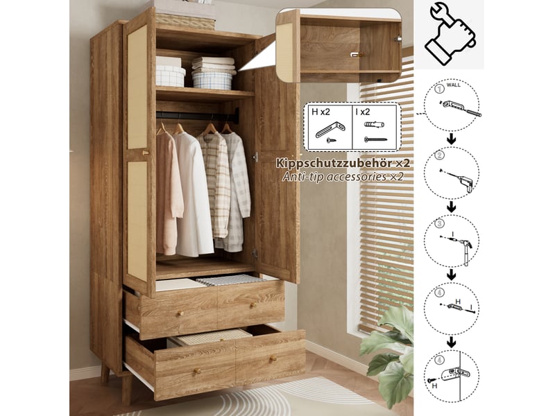 Armoire 80x50x180 cm avec penderie, 2 tiroirs et décor rotin coloris noyer naturel  - Conforama E
