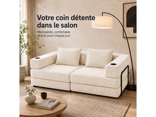 Canapé modulable 2 places en velours côtelé blanc crème, convertible en lit, avec porte‑gobelets et poches de rangement, rembourrage haute densité, sans montage