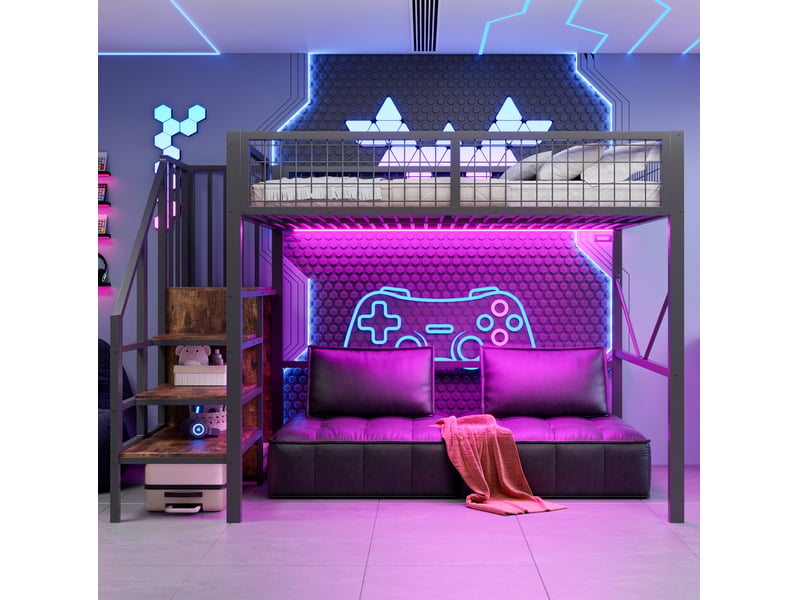  Lit mezzanine 140x200 cm avec échelle, rangements et éclairage led noir  - Conforama D
