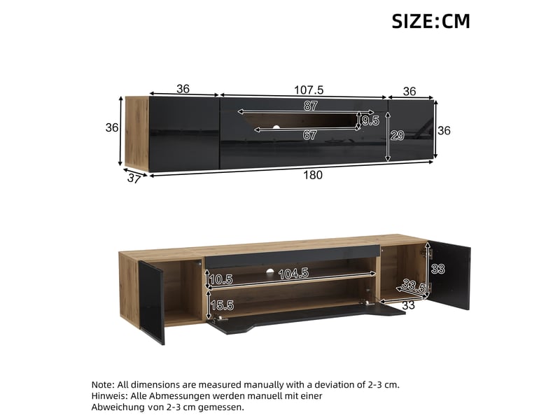  Meuble tv mural modenvie 180 x 37 x 36 cm avec led et rangement noir et bois naturel  - Conforama C