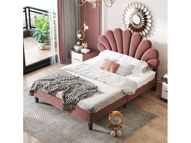  Lit double 140 x 200 cm en velours avec tête de lit fleurie et sommier à lattes, rouge  - Conforama D