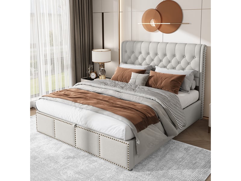  Lit double capitonné 140 x 200 cm, coton et lin, levier hydraulique, rangements intégrés, décoration cloutée, sans matelas  - Conforama A