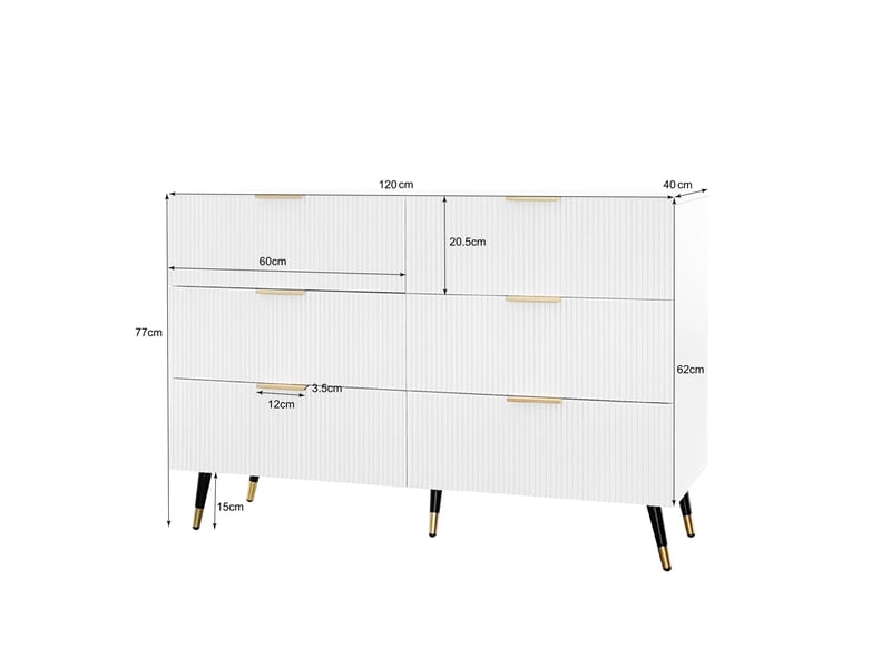 Chiffonnier 120x40x77 cm, commode avec 6 tiroirs, style moderne, aggloméré, blanc+doré - Conforama D
