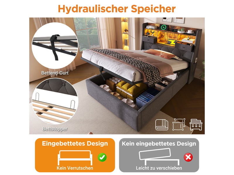  Lit rembourré, lit enfant 90x200 cm, rangement hydraulique, led, usbusb-c, sommier à lattes, matelas inclus, lin gris  - Conforama E