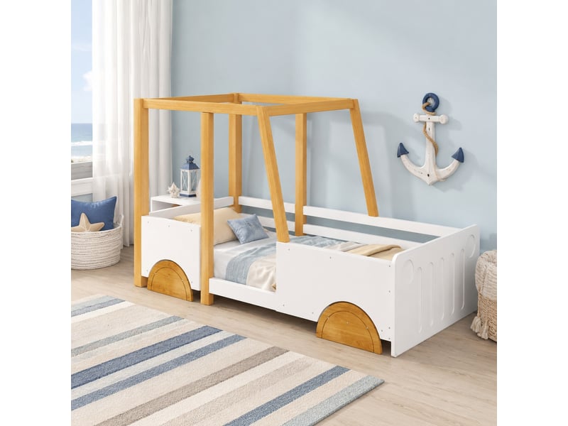  Lit voiture pour enfant 90 x 200 cm en bois et mdf avec barrières, blanc et naturel  - Conforama B